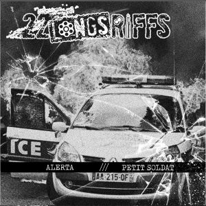 pochete du vinyle : représentant en arrière plan une voiture de police avec des flamme derrier eet aux premier plan un effet impact de balles sur des vitres avec les nom de groupes (22 Longs Riffs et Dissidence ) centré en haut